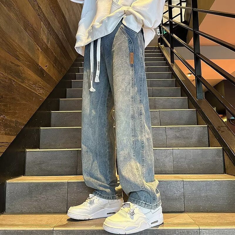 Men's American Retro Washed Jeans Elastic Waist Wide Leg Pants
