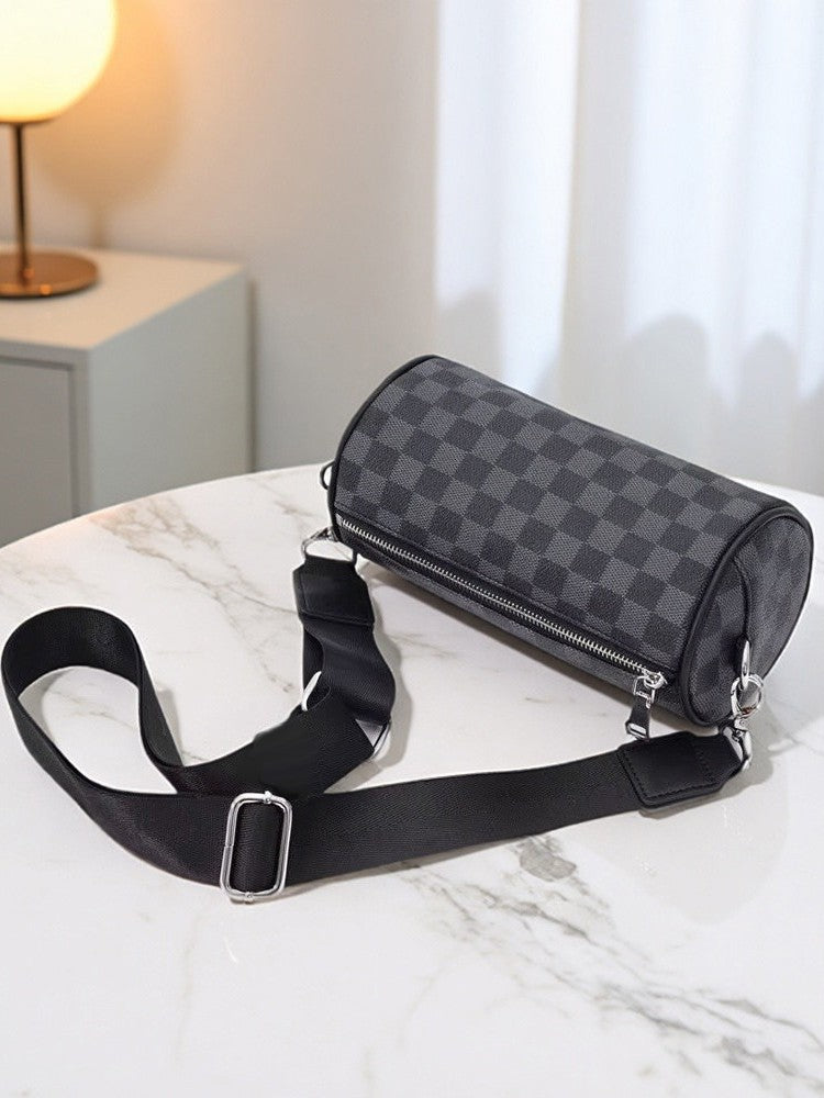 Men's Plaid Cylindrical Crossbody Bag with Retro Design