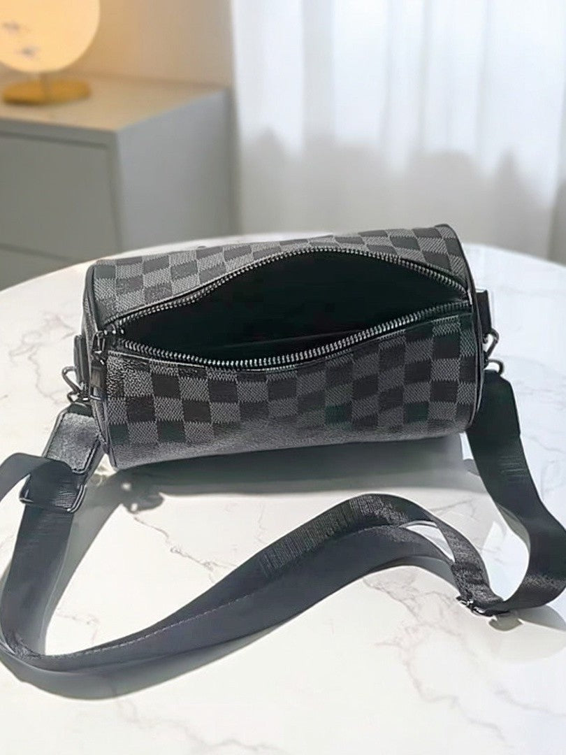 Men's Plaid Cylindrical Crossbody Bag with Retro Design