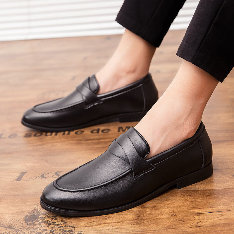 Men's British Style Round Toe Leather Slip On Business Shoes