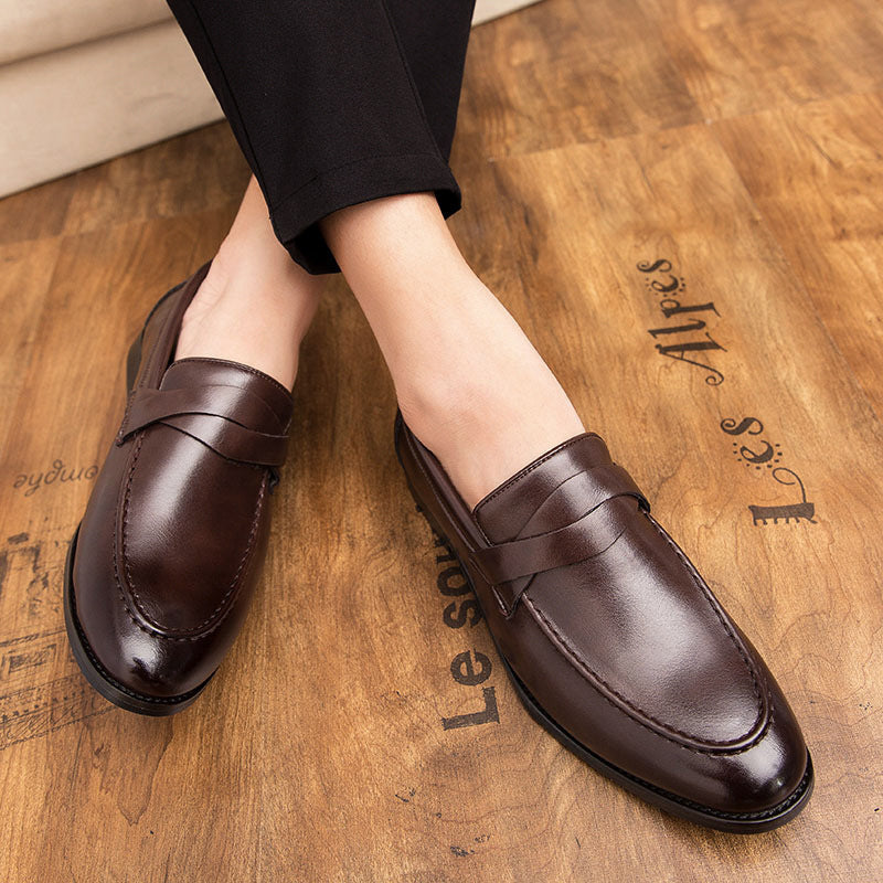 Men's British Style Round Toe Leather Slip On Business Shoes