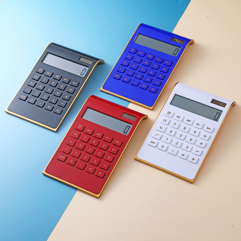 Ultra-Thin Dual-Power Calculator – Gold-Trim Desktop Calculator