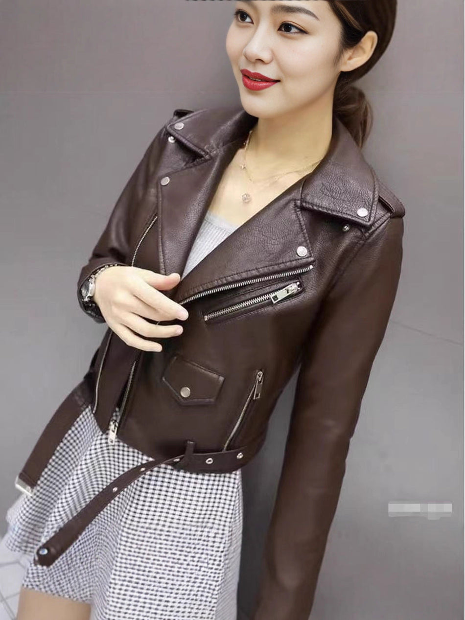 Women's Slim Fit Faux Leather Biker Jacket with Lapel Collar