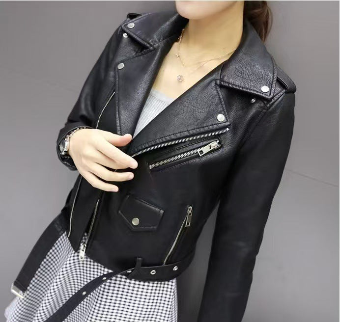 Women's Slim Fit Faux Leather Biker Jacket with Lapel Collar