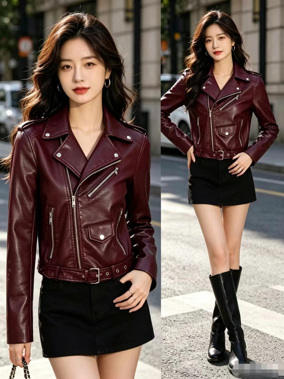 Women's Plus Size Faux Leather Moto Jacket with Lapel Collar