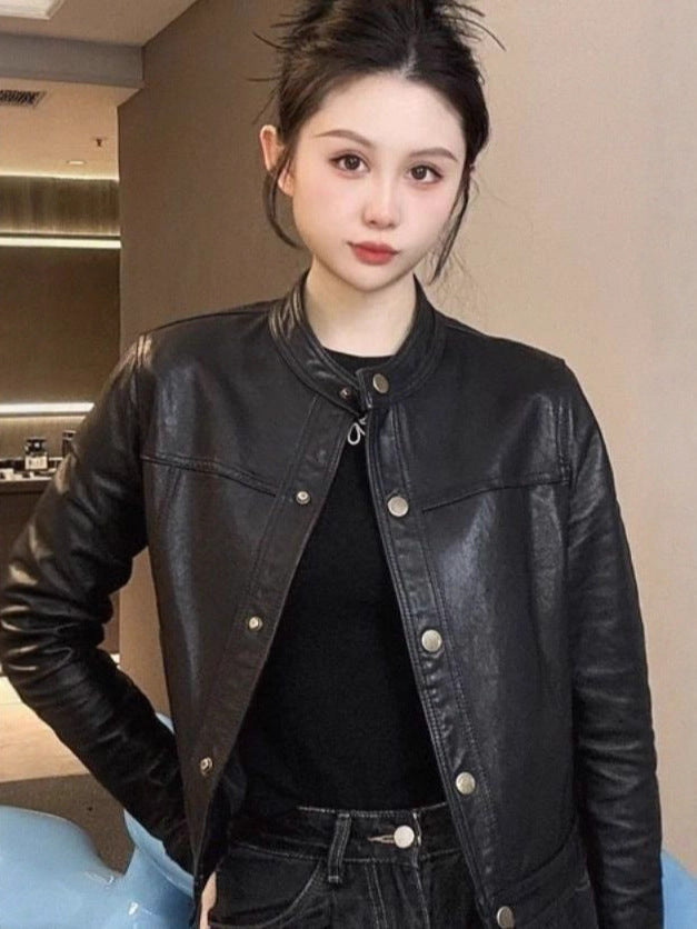Women's Stand Collar Faux Leather Motorcycle Jacket