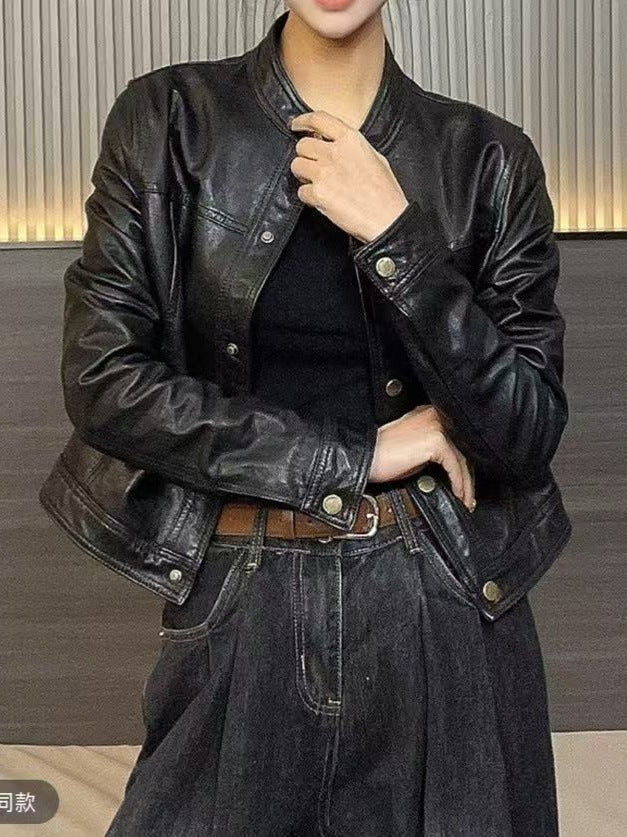 Women's Stand Collar Faux Leather Motorcycle Jacket