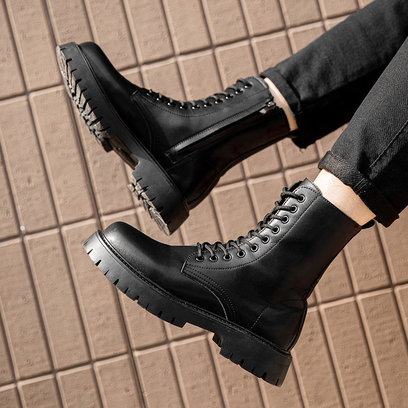 Men's Black Leather Motorcycle Work Boots with Side Zipper