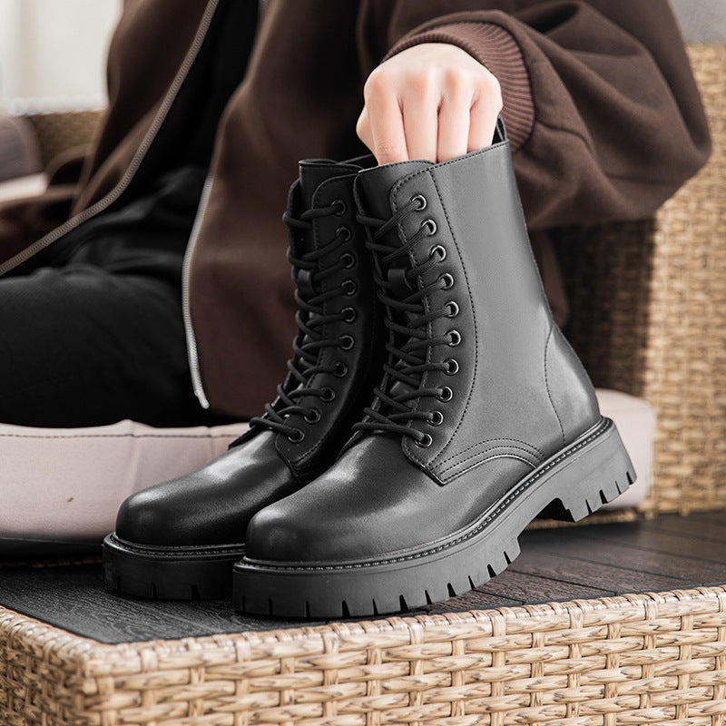 Men's Black Leather Motorcycle Work Boots with Side Zipper