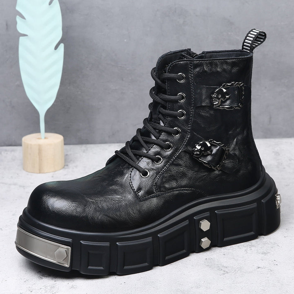 Men's High-Top Leather Martin Boots with Thick Platform Sole