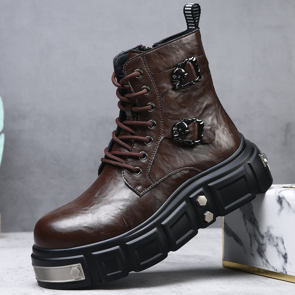 Men's High-Top Leather Martin Boots with Thick Platform Sole