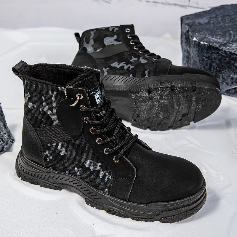 Men's Camouflage Mid-Top Hiking Work Boots with Thick Sole