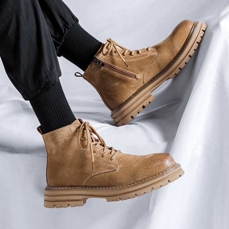 Men's High-Top Leather Martin Boots with Side Zipper