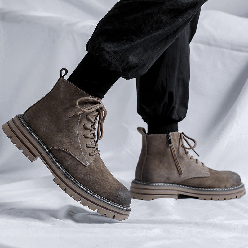 Men's High-Top Leather Martin Boots with Side Zipper