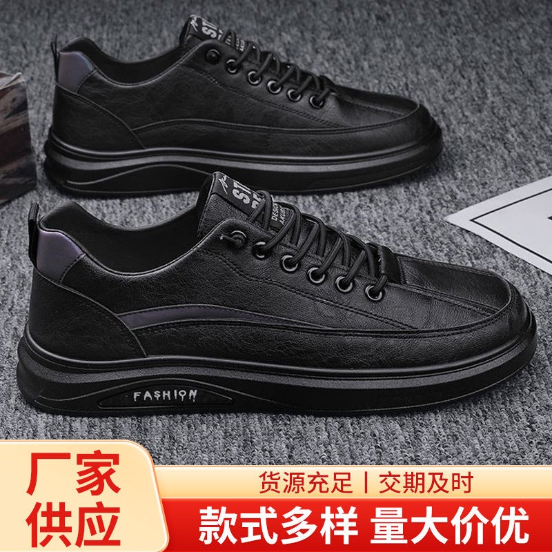 Men's Waterproof Black Leather Casual Sports Sneakers