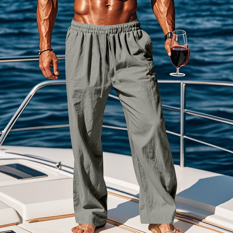 Men's Linen Drawstring Straight Leg Casual Vacation Pants