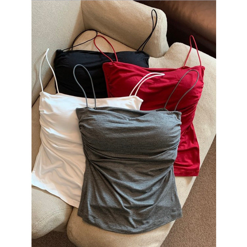 Women's Pleated Camisole with Slim-Fit Spaghetti Straps