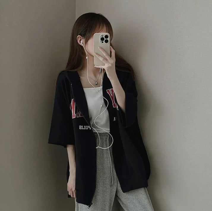 Women's Short Sleeve Zip-Up Hooded Sweatshirt