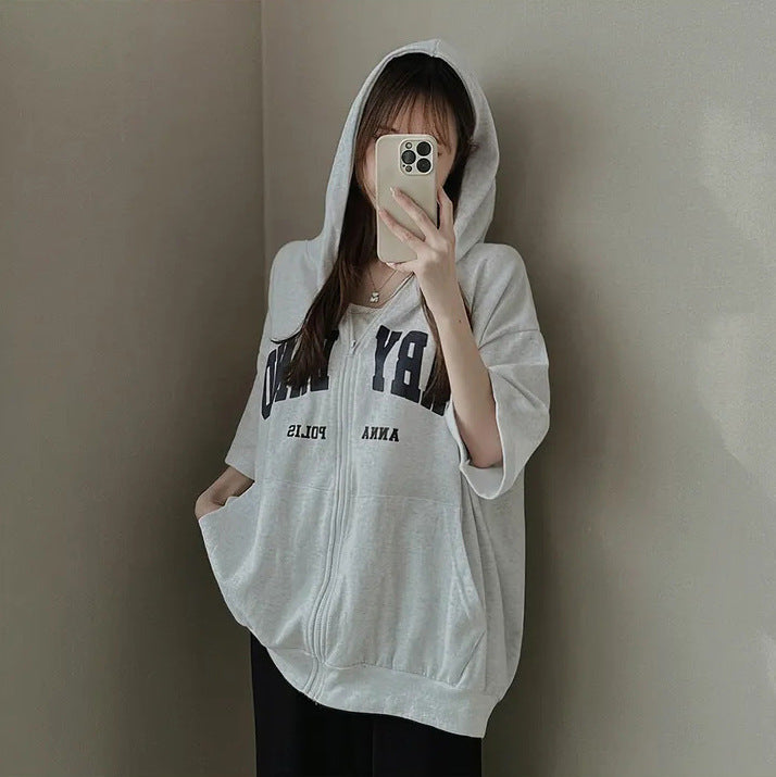 Women's Short Sleeve Zip-Up Hooded Sweatshirt