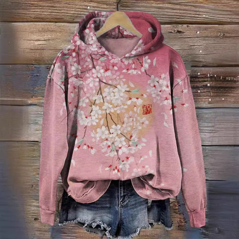 Women's Cherry Blossom Print Oversized Hooded Sweatshirt