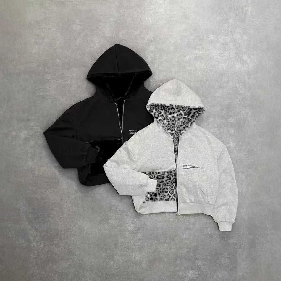 Women's Reversible Leopard Print Hooded Zip-Up Jacket
