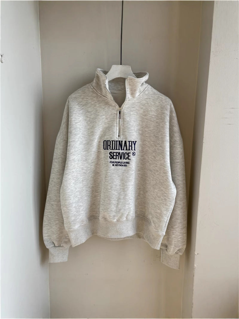 Women's Embroidered Half-Zip Stand Collar Sweatshirt