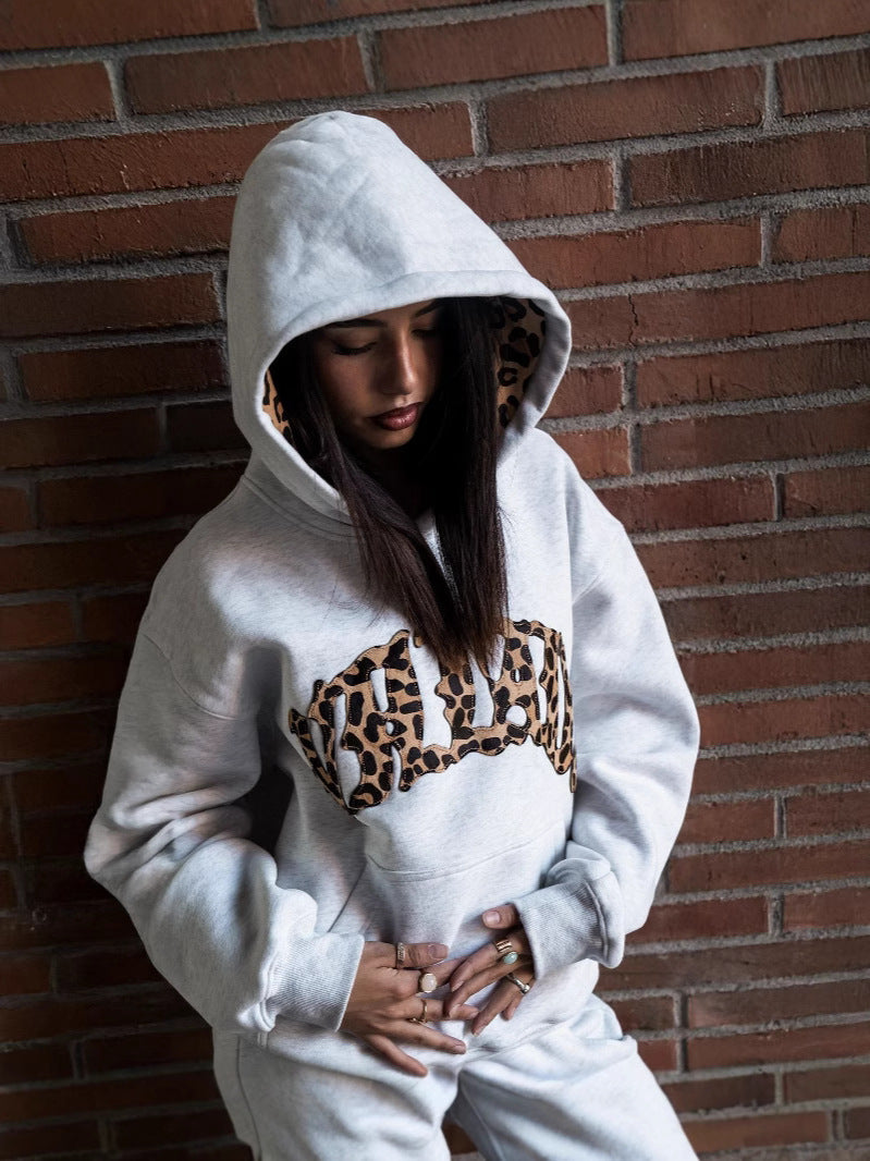 Unisex Leopard Embroidered Oversized Hooded Sweatshirt