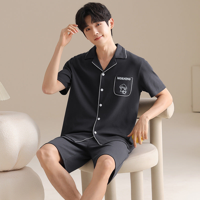 Men’s Cotton Pajama Set Lapel Cardigan Short Sleeve Homewear