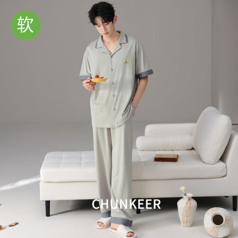 Men’s Modal Cotton Pajama Set Lapel Shirt Trousers Homewear