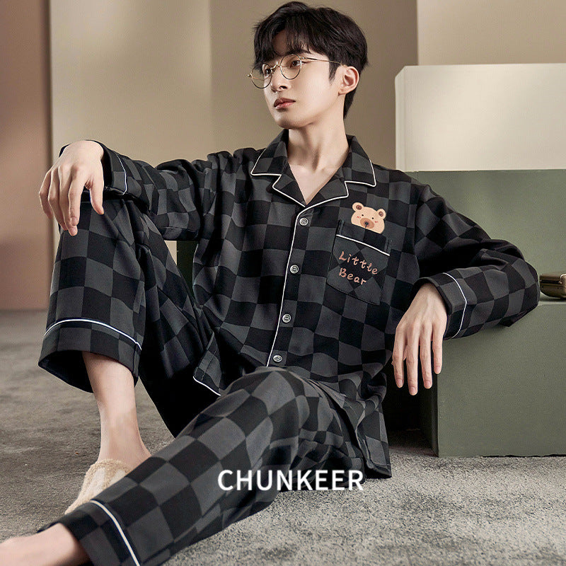 Men’s Plaid Pajama Set Lapel Cardigan Long Sleeve Homewear