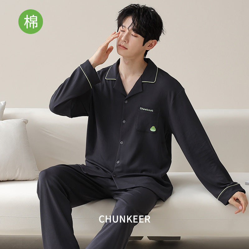 Men’s Pure Cotton Pajama Set Lapel Cardigan Long Sleeve Homewear