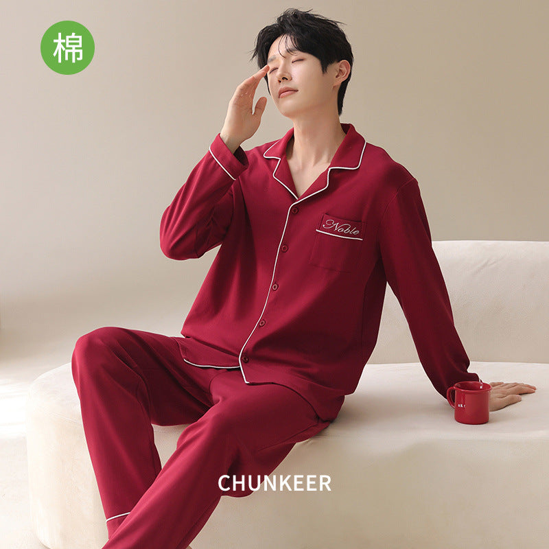 Men’s Pure Cotton Red Pajama Set Lapel Cardigan Long Sleeve