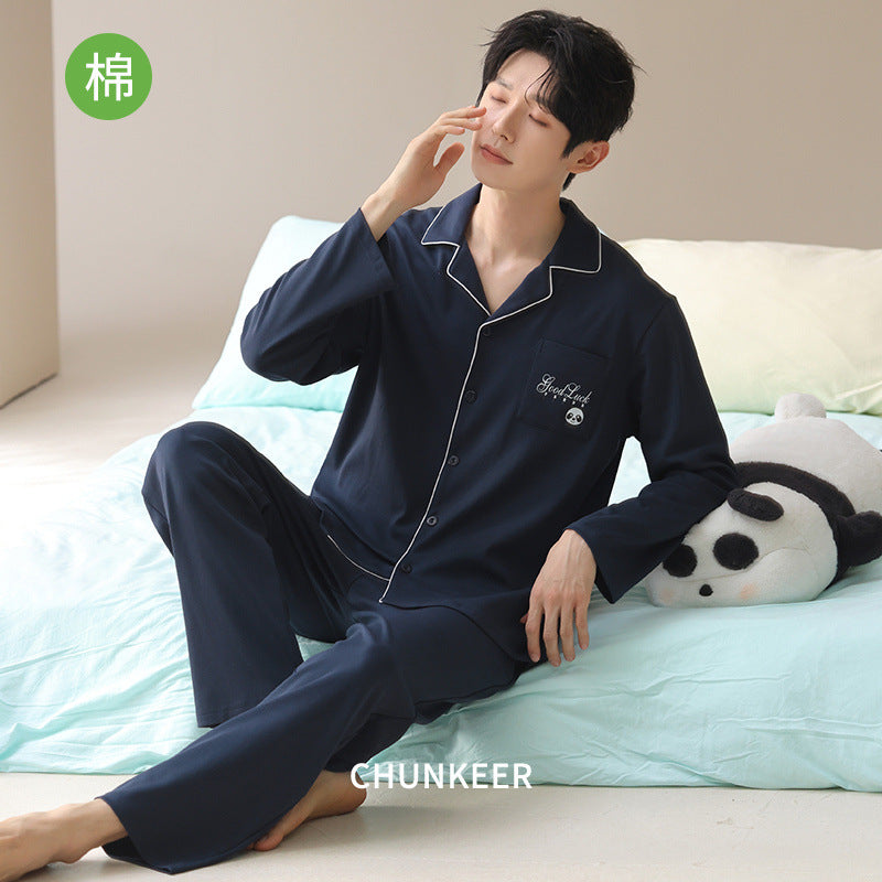 Men’s Cotton Pajama Set Lapel Cardigan Long Sleeve Loungewear