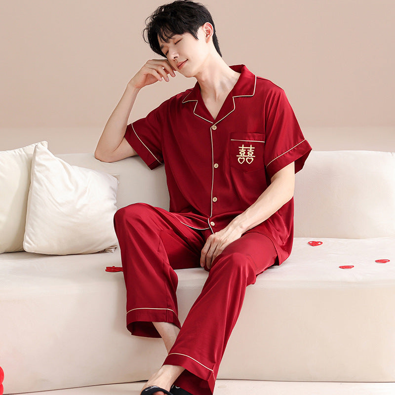 Men’s Ice Silk Pajama Set V Neck Cardigan Short Sleeve Homewear