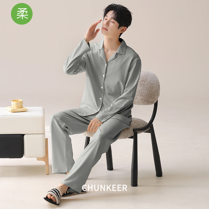 Men’s Cotton Pajama Set Lapel Cardigan Long Sleeve Loungewear