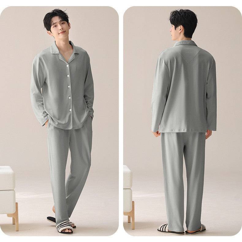 Men’s Cotton Pajama Set Lapel Cardigan Long Sleeve Loungewear
