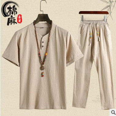 Men's Cotton Linen V-Neck Shirt & Shorts Set