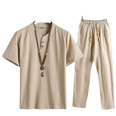 Men's Cotton Linen V-Neck Shirt & Shorts Set