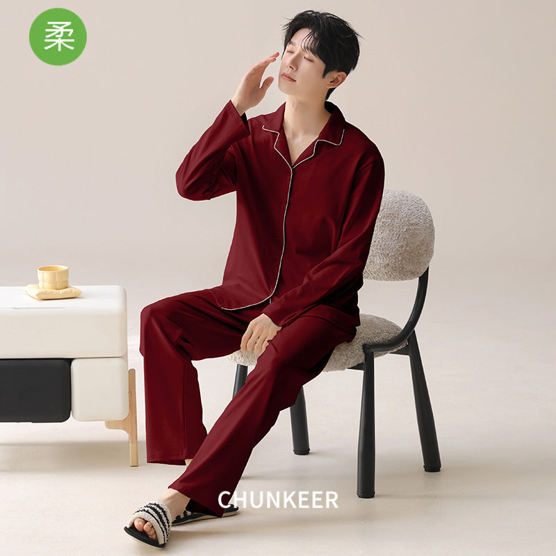 Men’s Cotton Pajama Set Lapel Cardigan Long Sleeve Trousers