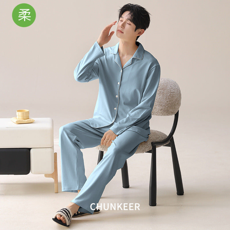 Men’s Cotton Pajama Set Lapel Cardigan Long Sleeve Loungewear