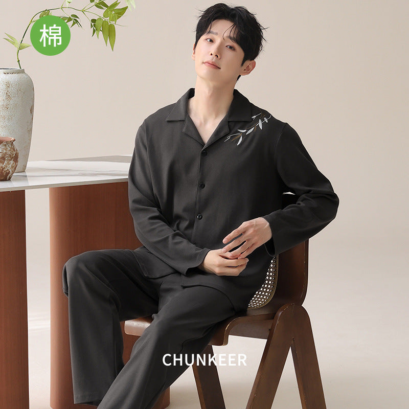 Men’s 100% Cotton Pajama Set Lapel Long Sleeve Loungewear