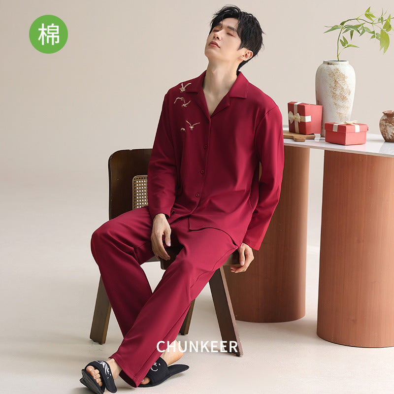 Men’s Pure Cotton Red Pajama Set Lapel Cardigan Long Sleeve