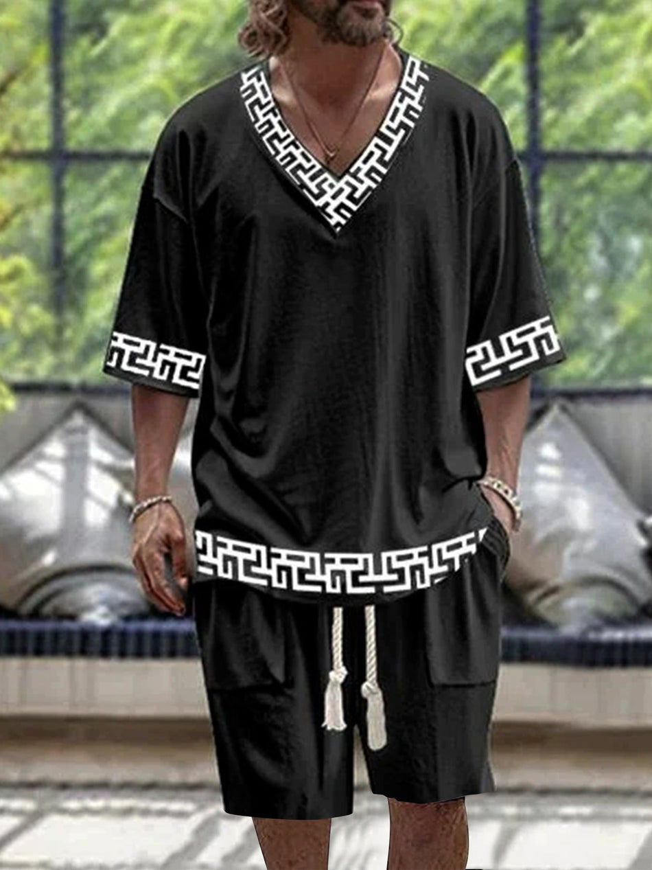 Men's V-Neck Knit T-Shirt & Shorts Casual Set