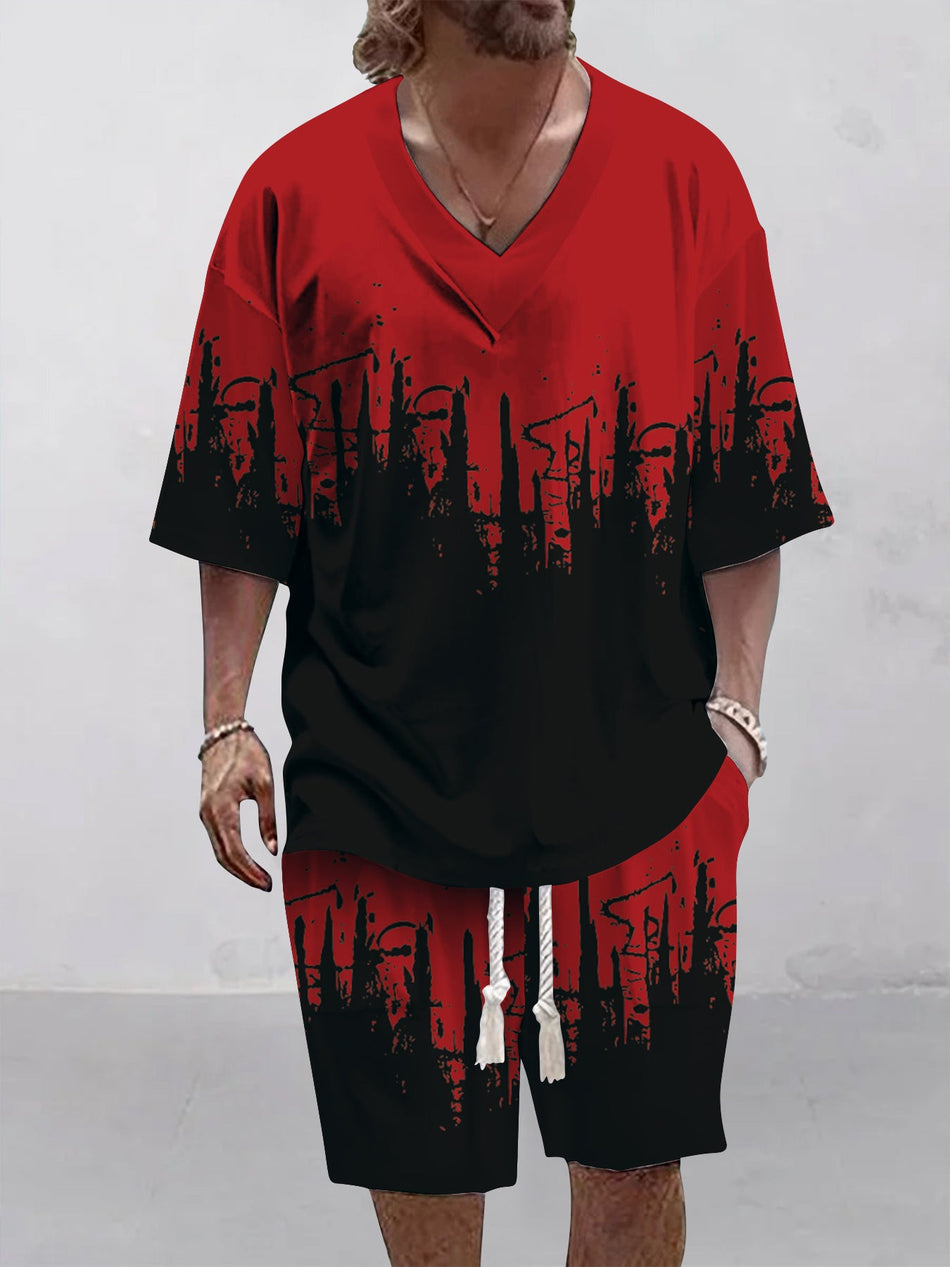 Men's V-Neck Knit T-Shirt & Shorts Casual Set