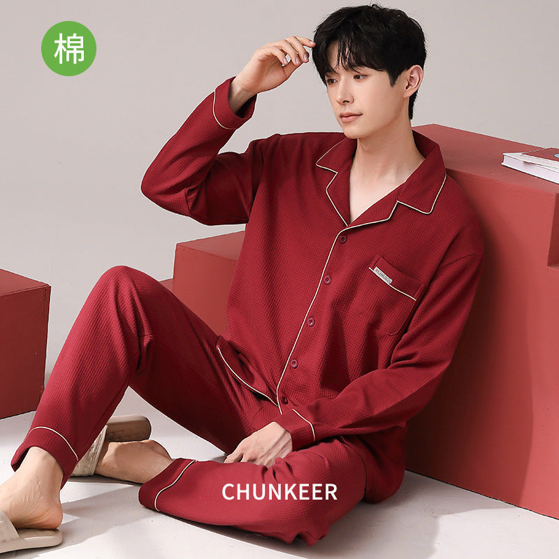 Men’s Pure Cotton Waffle Pajama Set Red Cardigan Long Sleeve