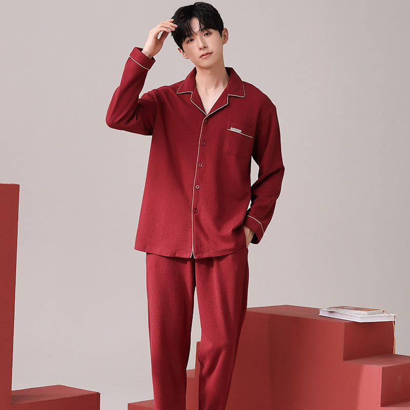 Men’s Pure Cotton Waffle Pajama Set Red Cardigan Long Sleeve