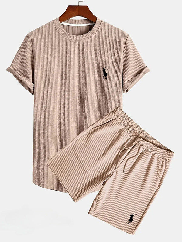Men's Striped Round Neck T-Shirt & Shorts Set