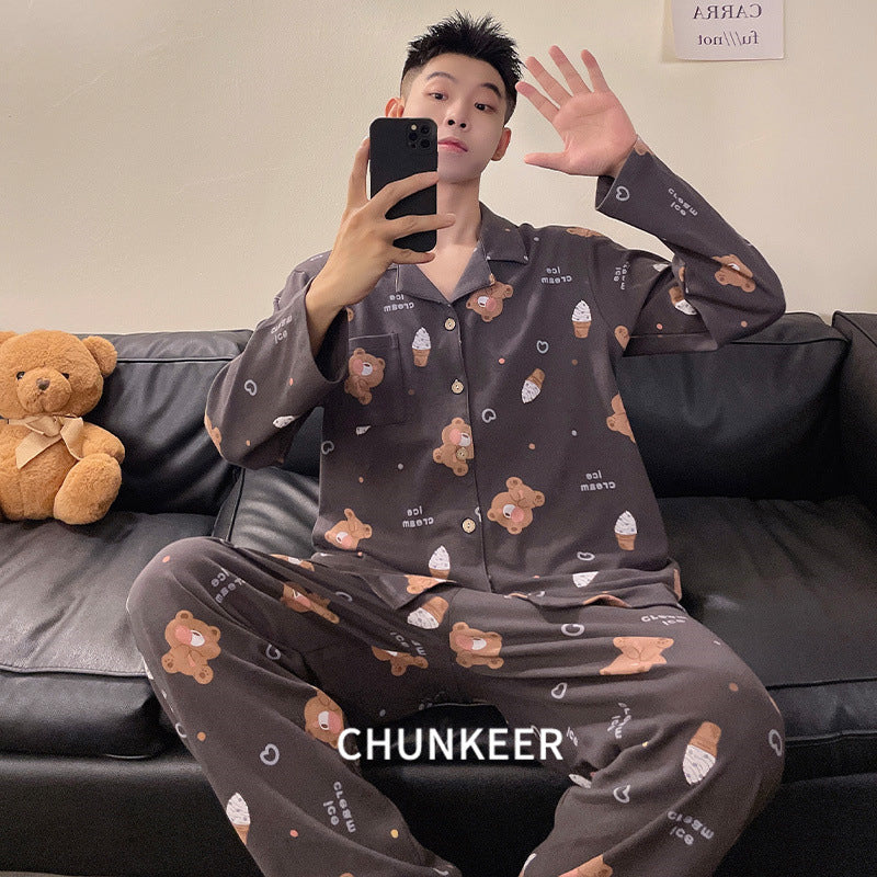 Men’s Polyester Pajama Set Lapel Cardigan Long Sleeve Homewear