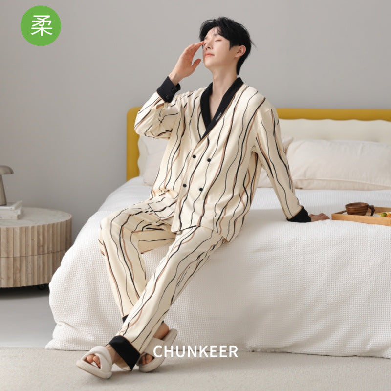 Men’s Stretch Cotton Pajama Set Lapel Cardigan Long Sleeve