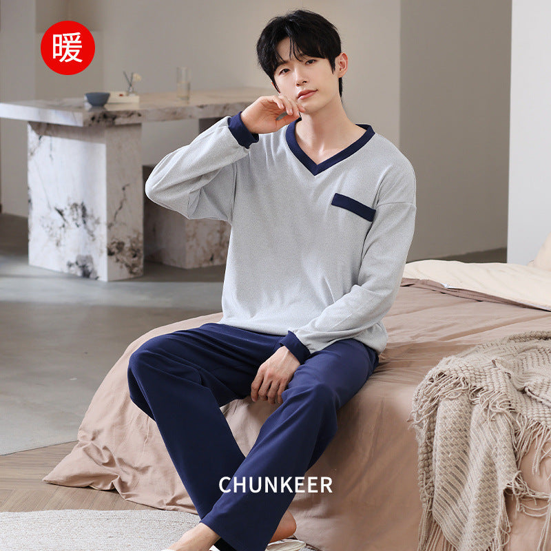 Men’s Velvet Pajama Set V Neck Pullover Warm Homewear